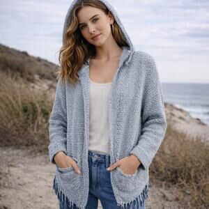 Free People SZ XS Love Me Tender Cardi Blue/Gray Hooded Fringe Cotton OB4997098